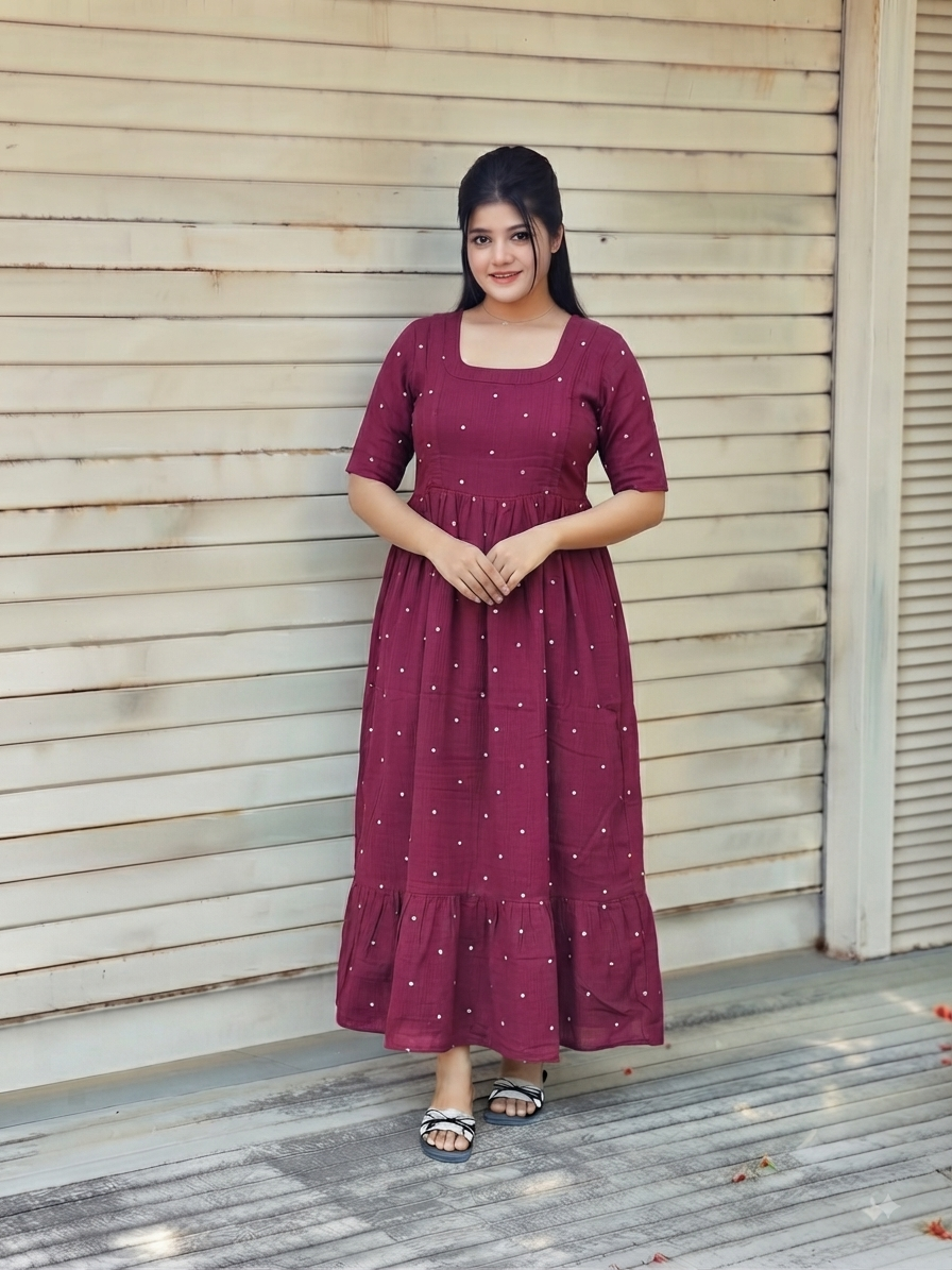 Premium Muslin- Feeding/ Maternity Maxi/Gown - Cotton lining /Double side zip - Maroon with white heart