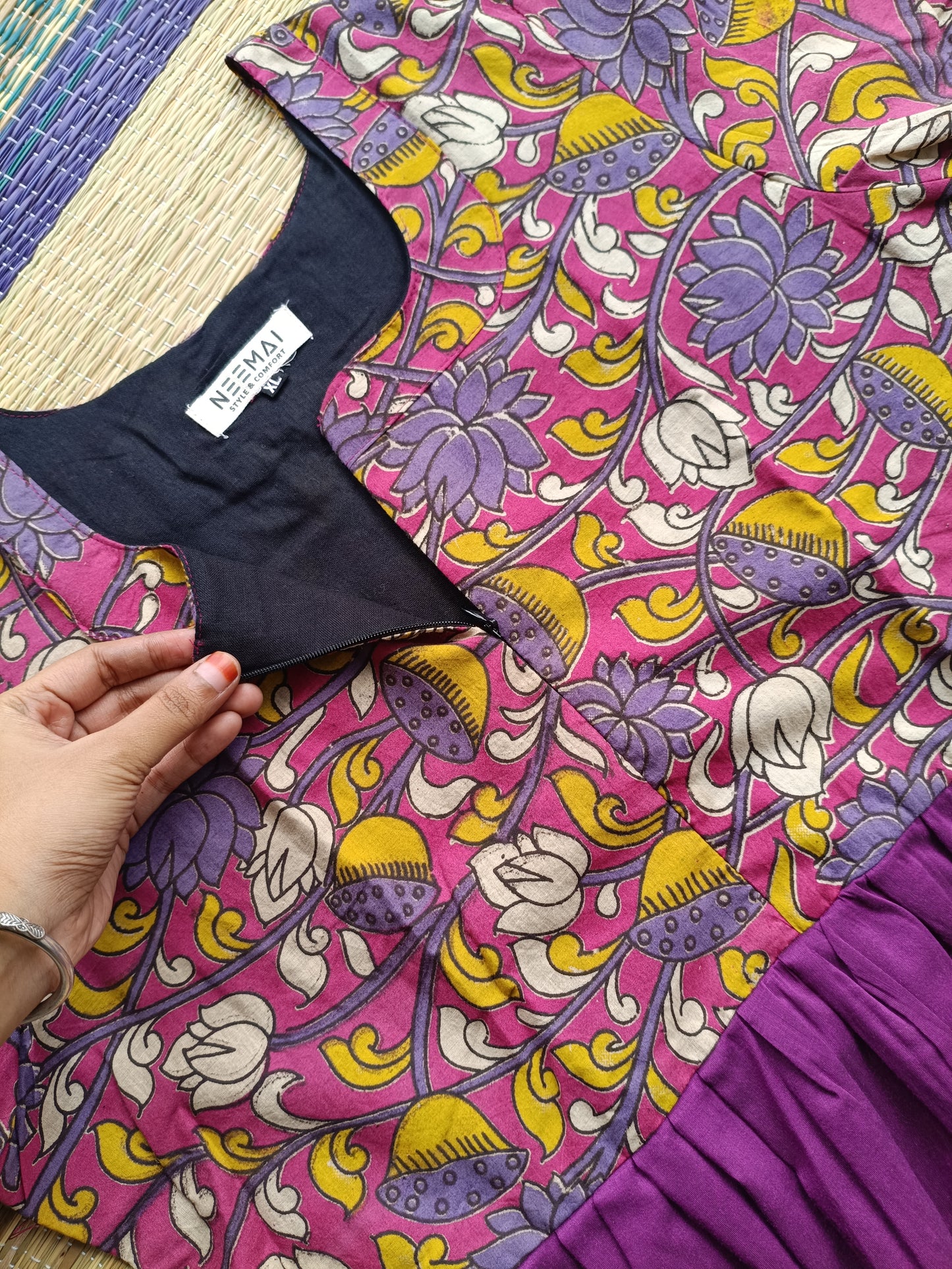 Cotton / Raw silk Maternity Maxi/Gown in center zip - Festival Collection- Full cotton lining - Violet with violet flower