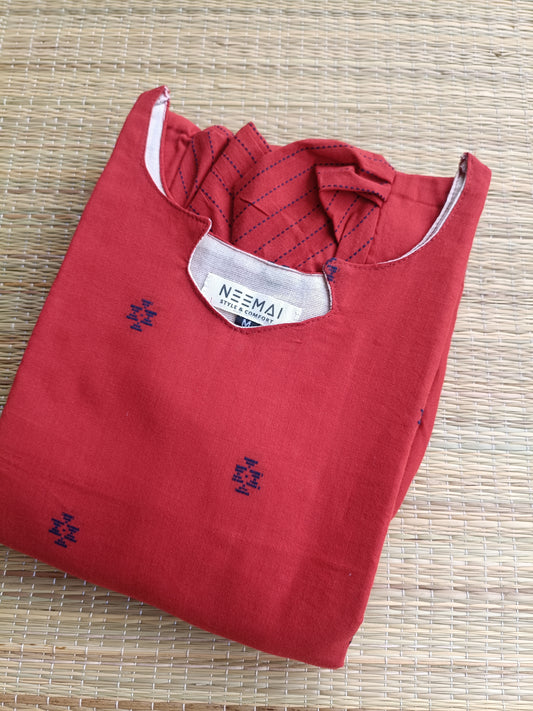 Handloom Cotton Maternity Feeding Gown/ maxi/  Double Side Zip- Red with blue butta