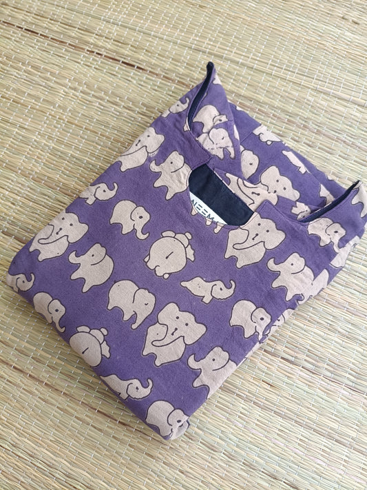 Kalamkari Cotton Maternity Feeding Gown/ Maxi /Double side zip– purple elephant