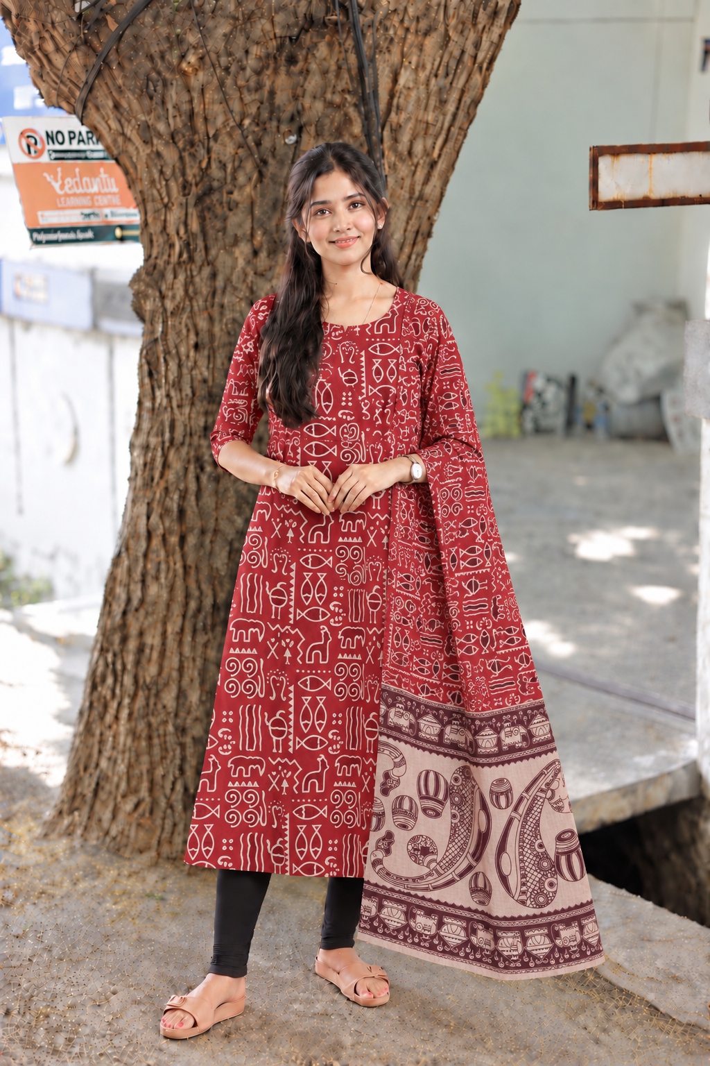 Block printed kalamkari cotton Maternity 2 pc chudidhar set [ Top with double side zip, and dupatta - Red fish