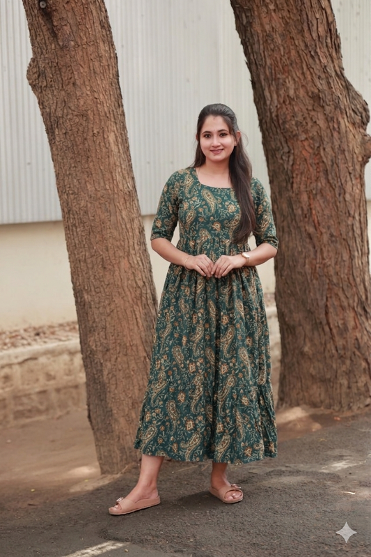 Cotton - Feeding/ Maternity Maxi/Gown - Cotton lining /Double side zip - kalamkari/paisley Green flower