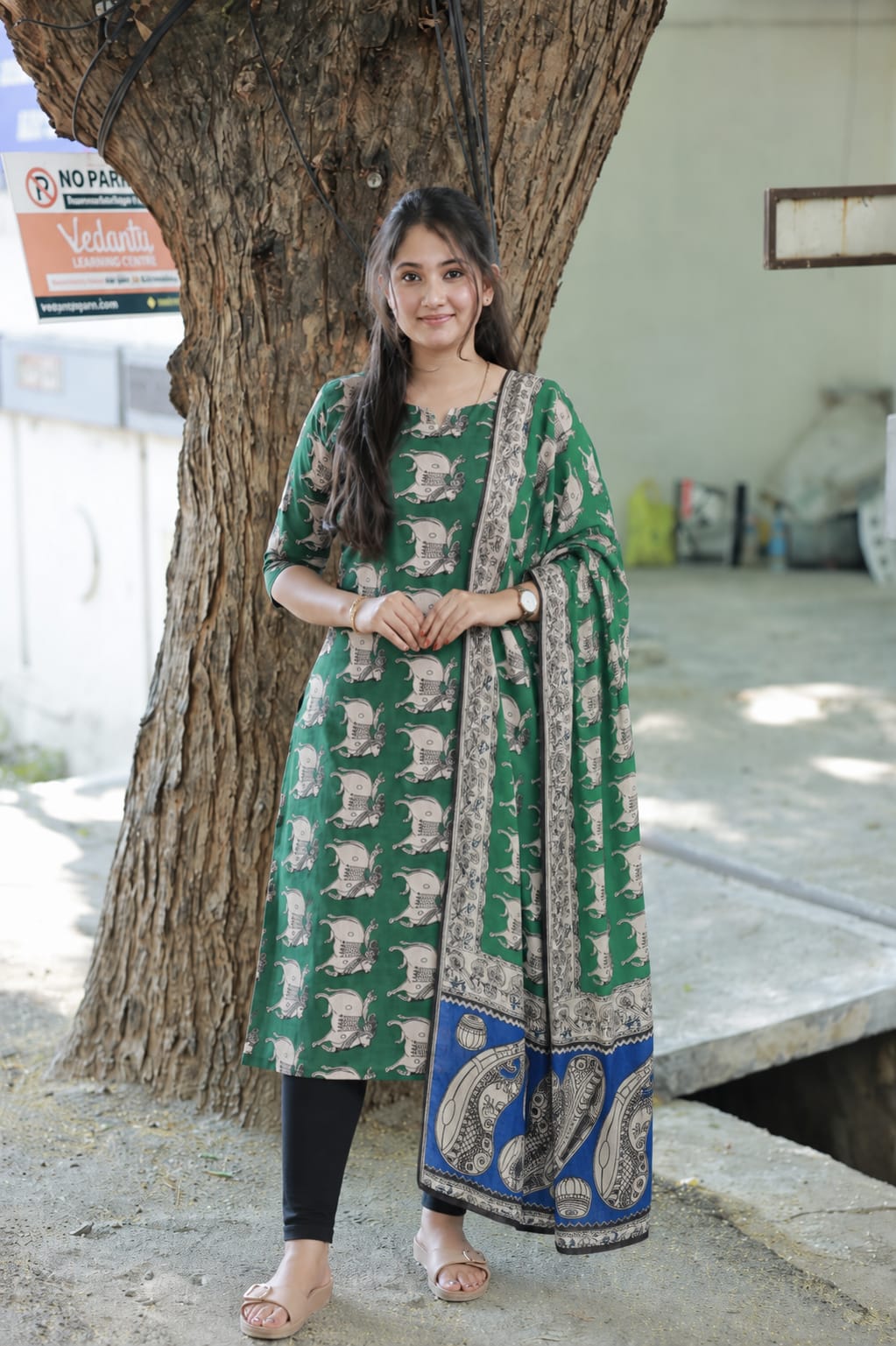 Block printed kalamkari cotton Maternity 2 pc chudidhar set [ Top with double side zip, and dupatta -  Green pichwai
