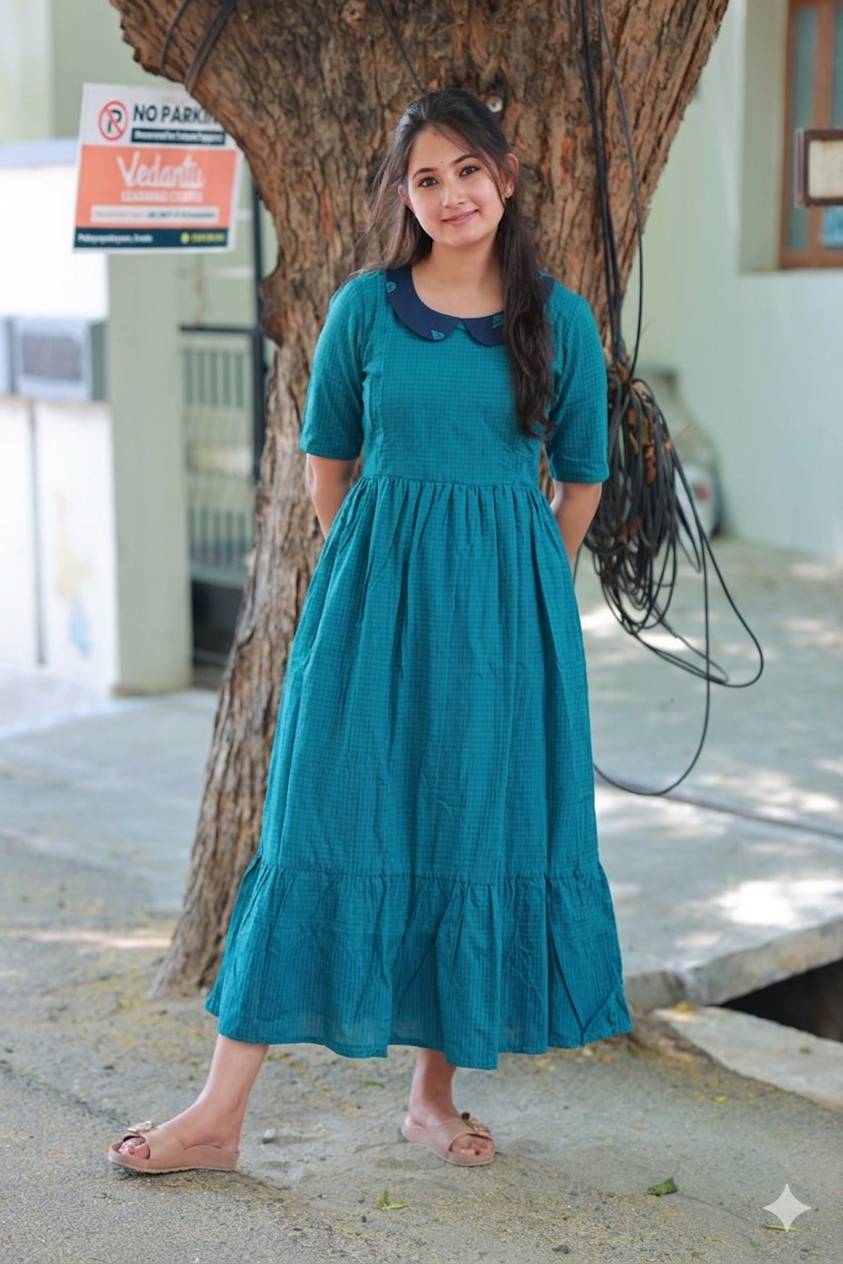 Mul Mul Cotton - Feeding/ Maternity Maxi/Gown - Cotton lining /Double side zip -     Blue Checks