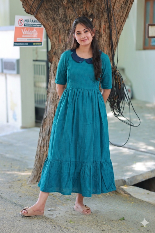 Mul Mul Cotton - Feeding/ Maternity Maxi/Gown - Cotton lining /Double side zip -     Blue Checks
