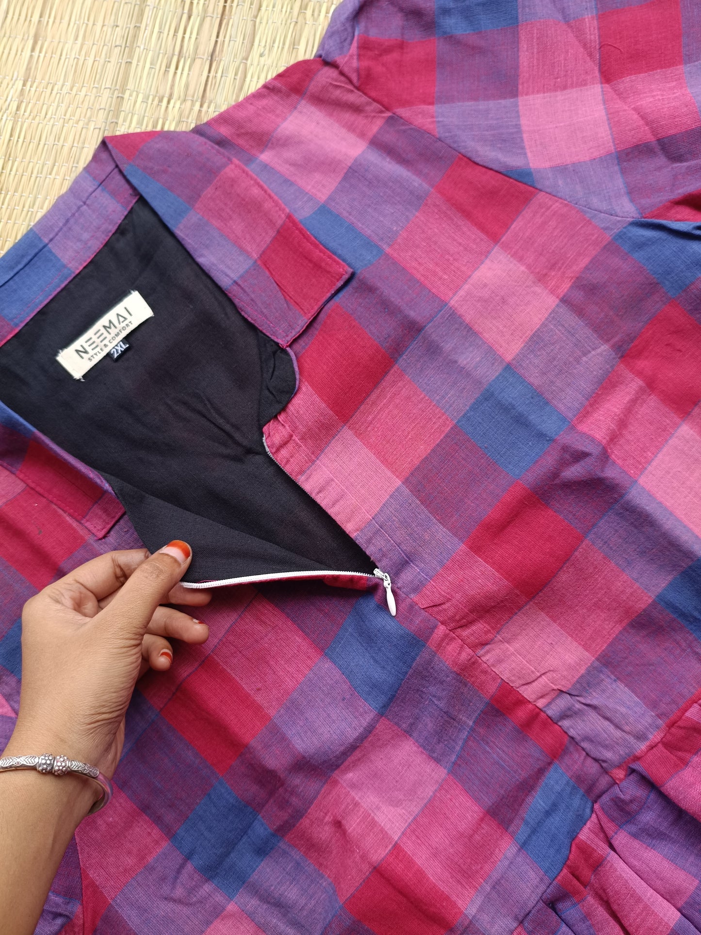 Madras checks Cotton - Feeding/ Maternity Maxi/Gown - Cotton lining /Center zip -pink