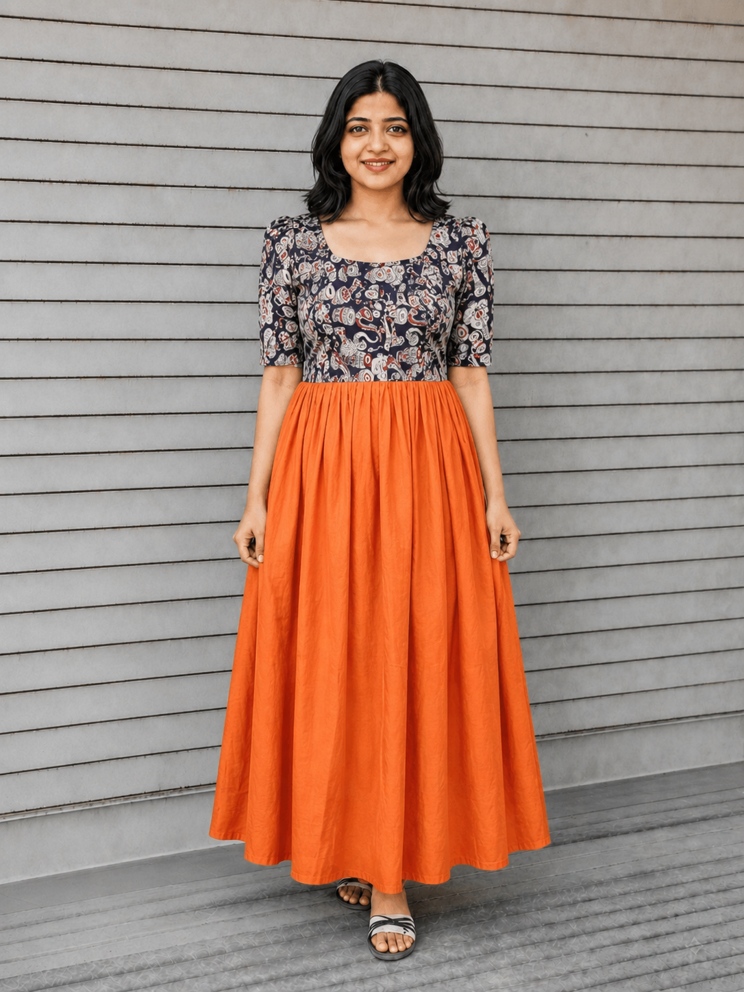 Cotton / Raw silk Maternity Maxi/Gown in center zip - Festival Collection- Full cotton lining - Drum with orange