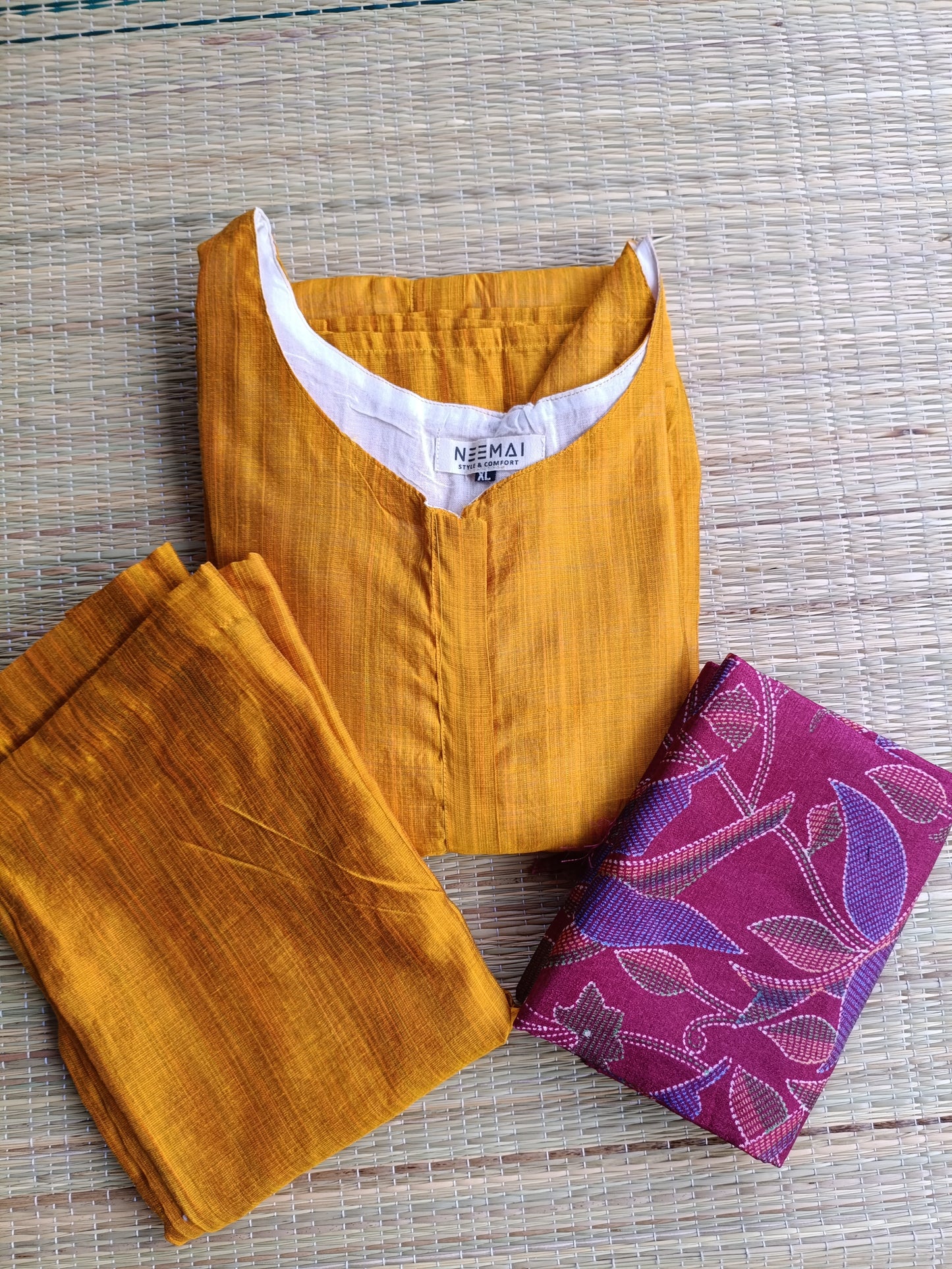 Maternity 3 pc chudidhar set [ Top with center zip, pant and dupatta] - mustard and purple
