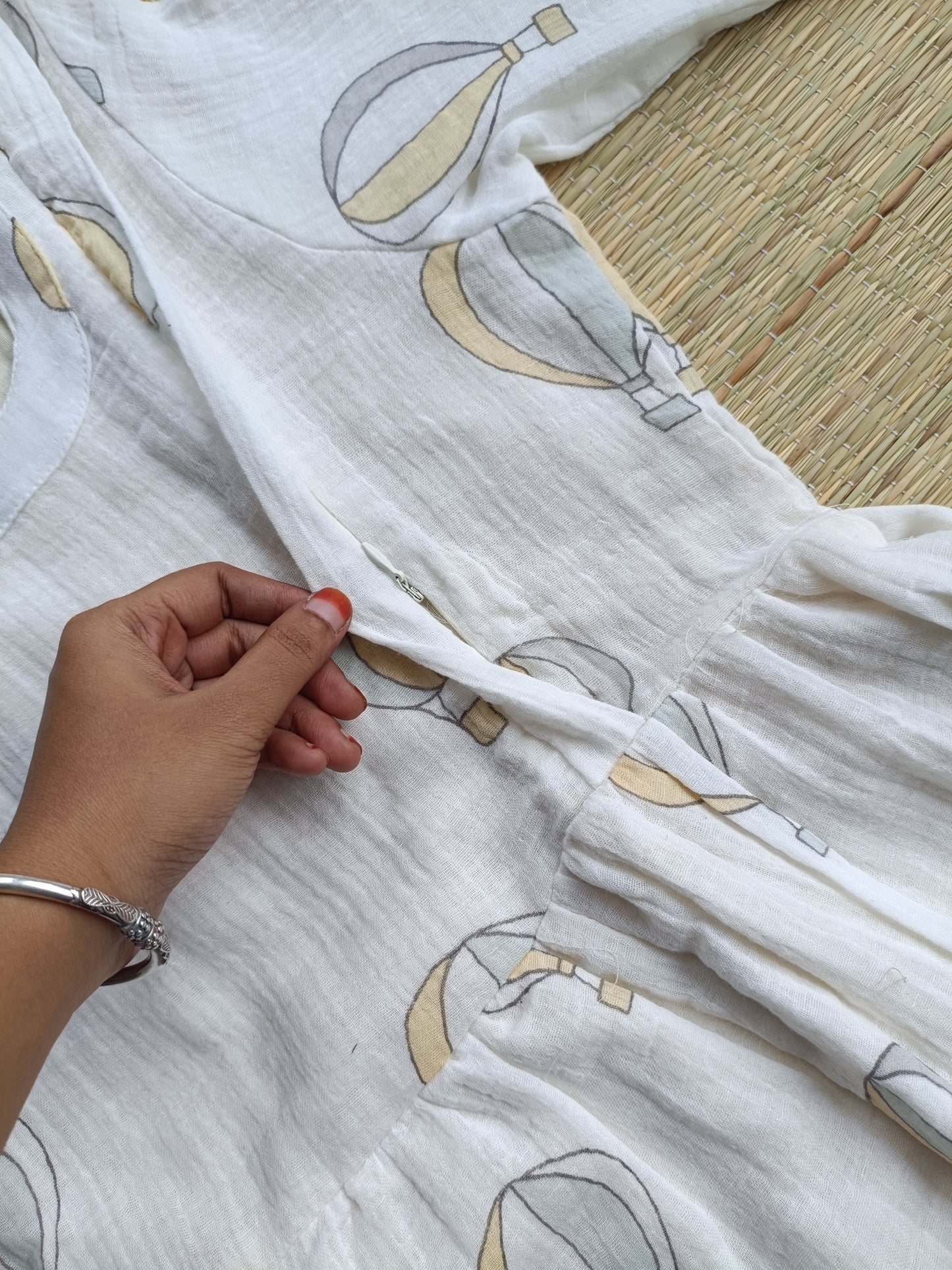 Premium Muslin- Feeding/ Maternity Maxi/Gown - Cotton lining /Double side zip -White with Parachute