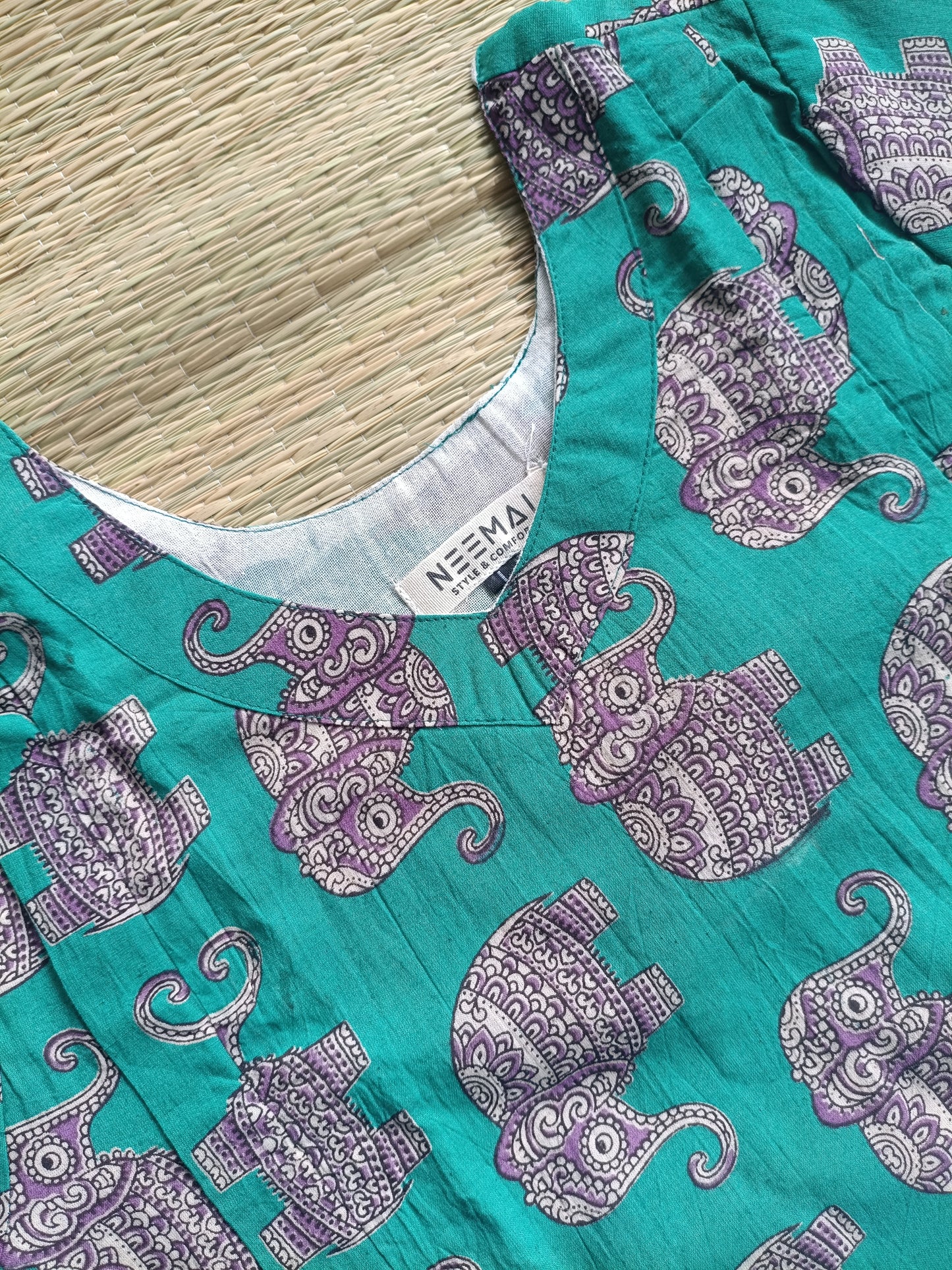 Block printed kalamkari cotton Maternity 2 pc chudidhar set [ Top with double side zip, and dupatta - Purple green elephant