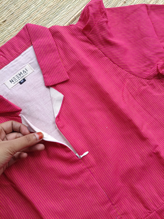 Prewashed handloom Cotton - Feeding/ Maternity Maxi/Gown - Cotton lining /Center zip -Collar Pink stripe