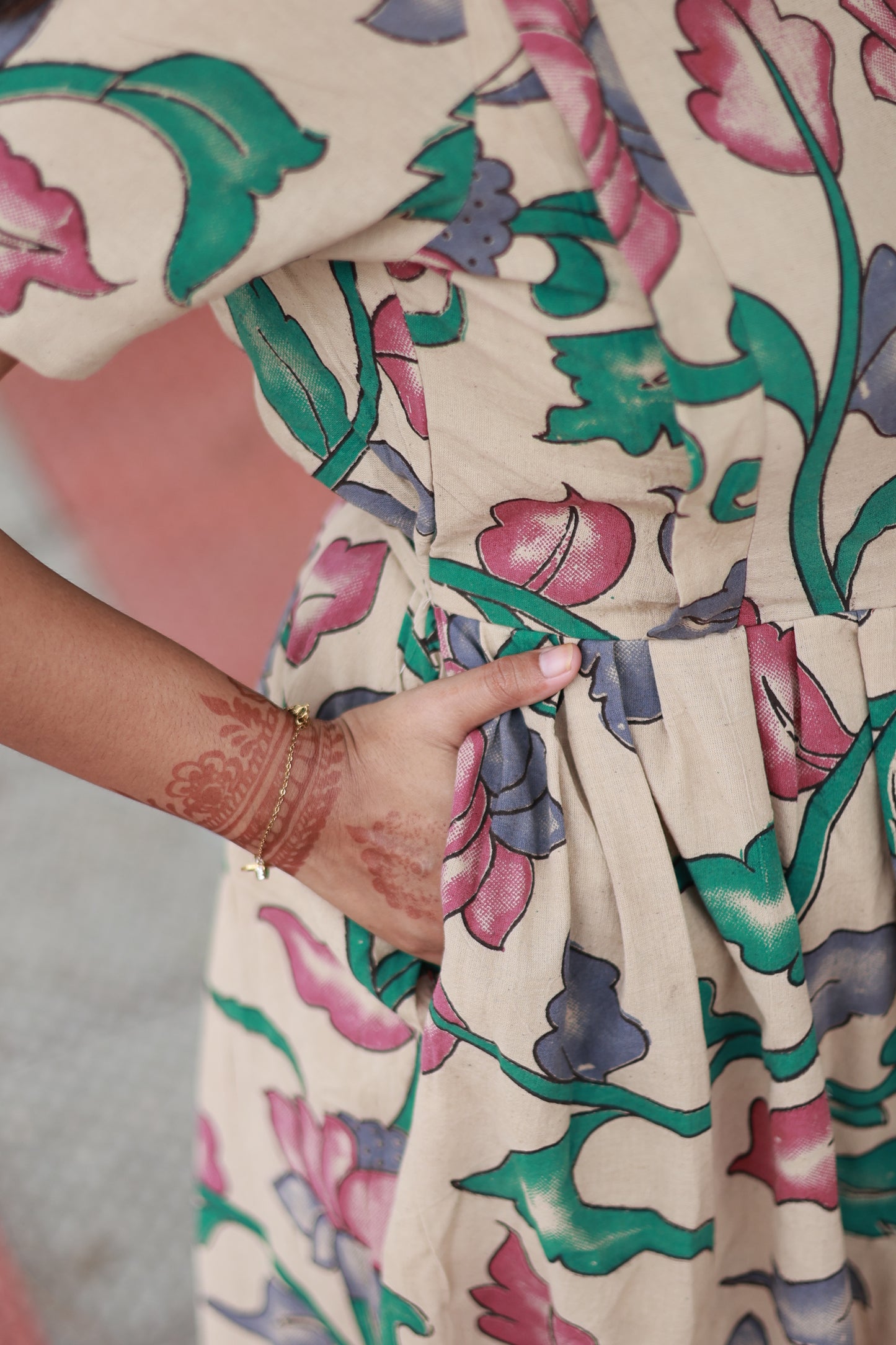 Kalamkari cotton- Feeding/ Maternity Maxi/Gown - Cotton lining  / Double side zip- pink lotus