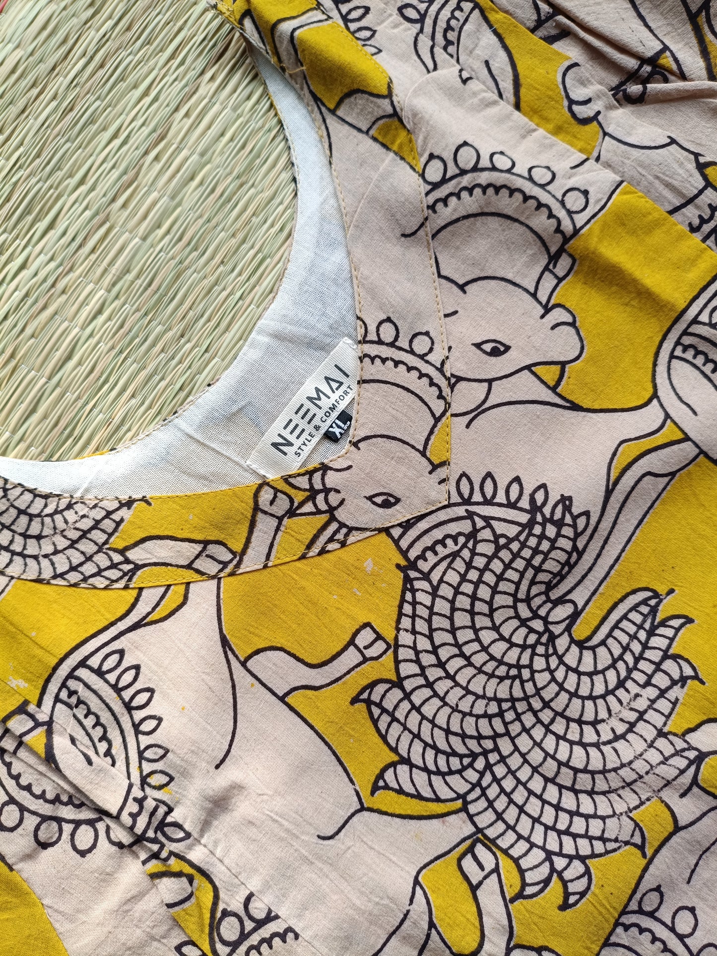 Block printed kalamkari cotton Maternity 2 pc chudidhar set [ Top with double side zip, and dupatta - Yellow pichwai