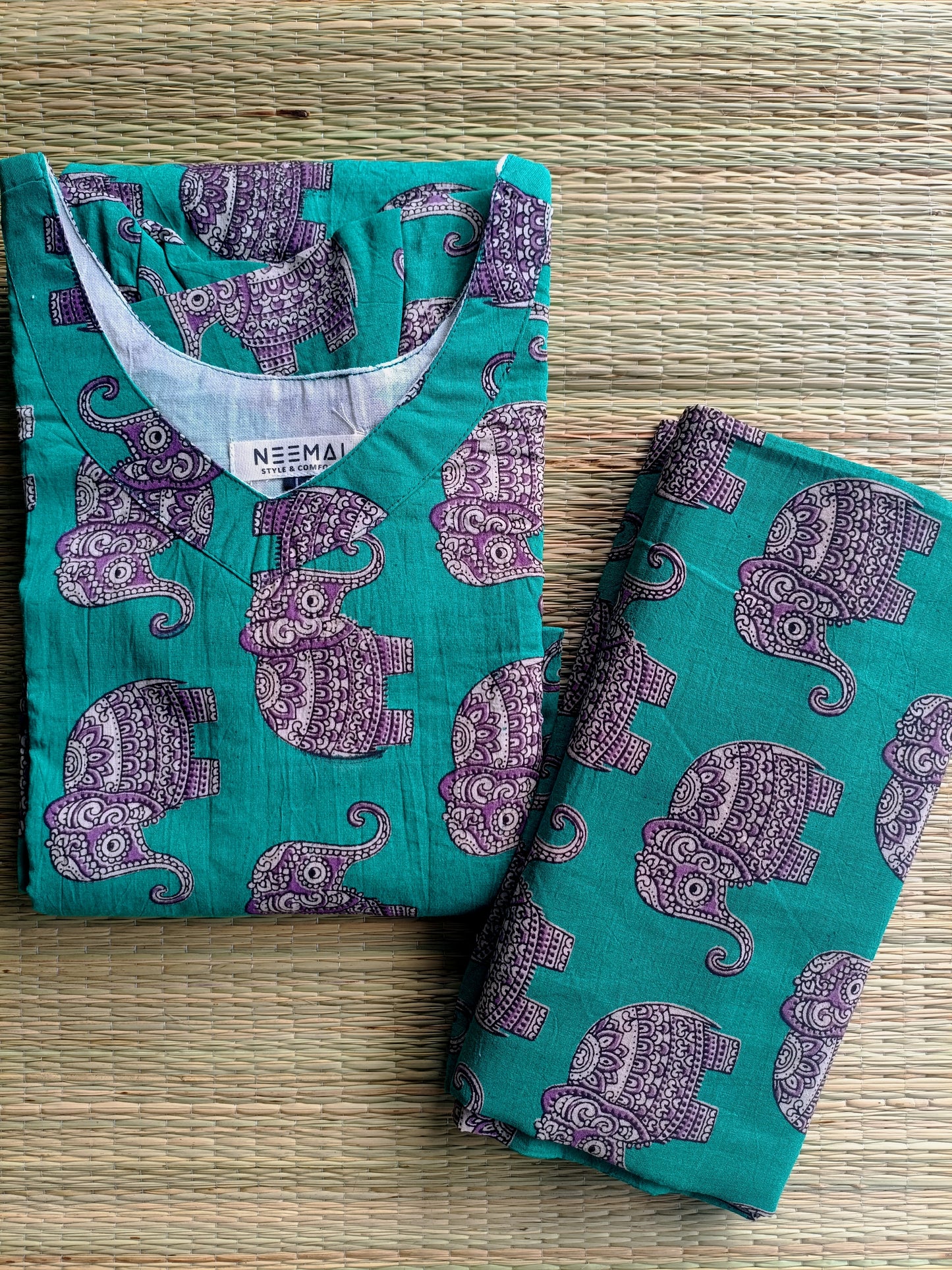 Block printed kalamkari cotton Maternity 2 pc chudidhar set [ Top with double side zip, and dupatta - Purple green elephant