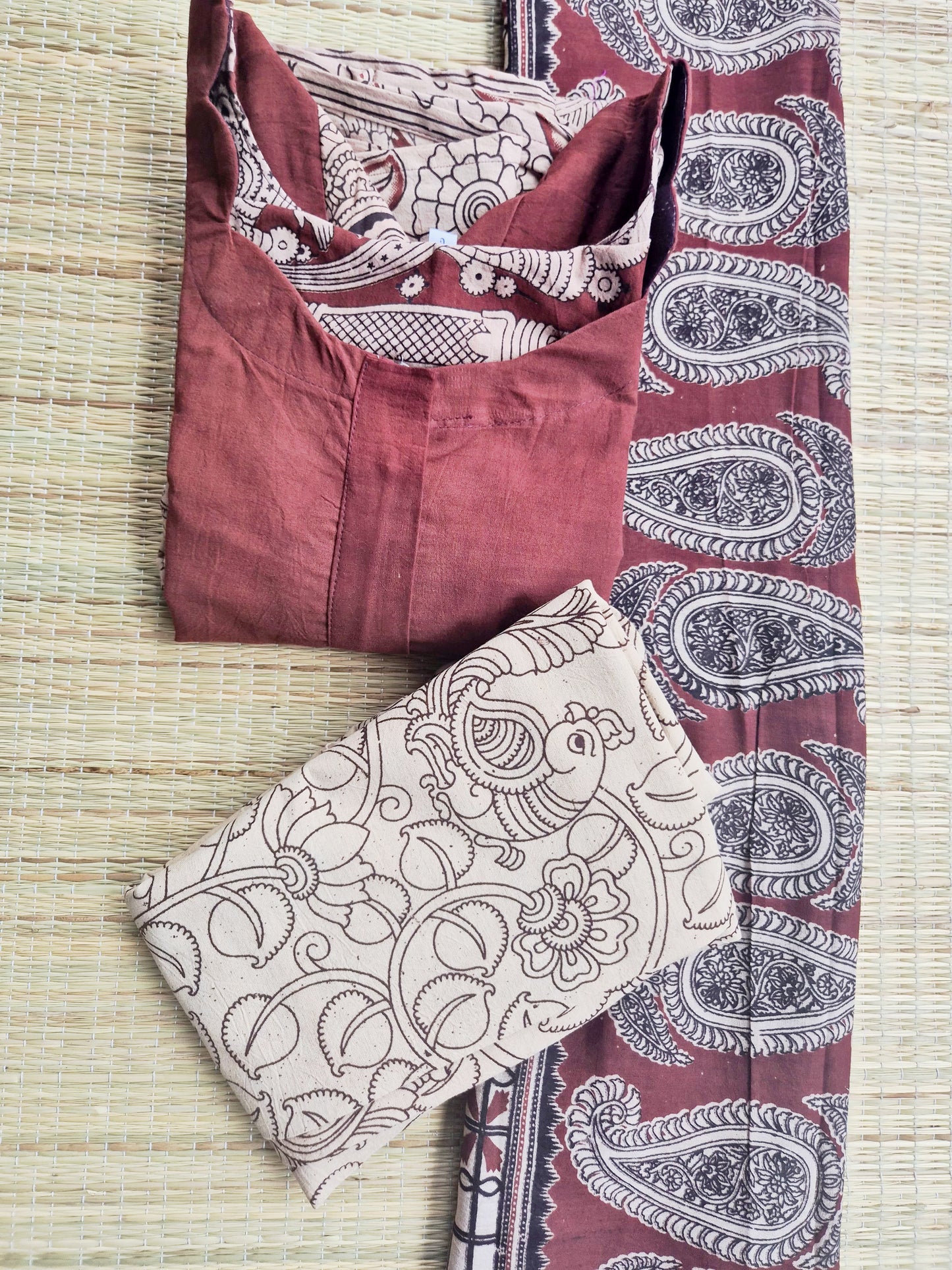 Block printed kalamkari cotton Maternity 3 pc chudidhar set [ Top with center zip, Pant and dupatta - Maroon ( A line kurti -No side open)