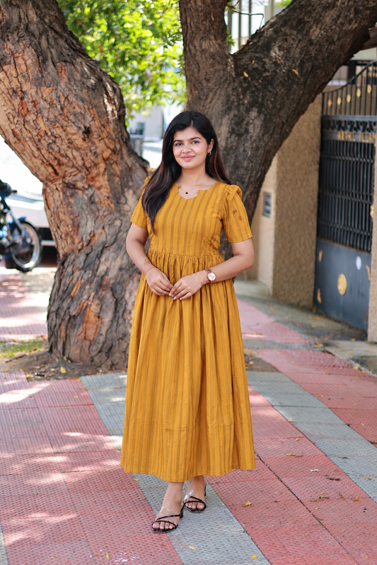 Handloom Cotton Maternity Feeding Gown/Maxi /Double Side Zip- yellow 3 green line
