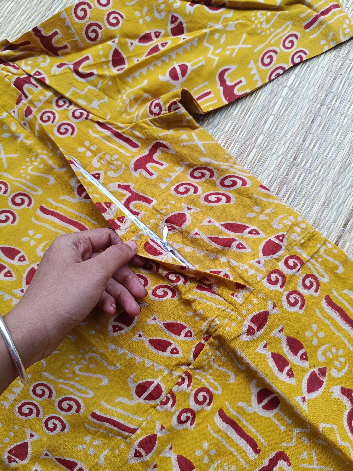 Block printed kalamkari cotton Maternity 2 pc chudidhar set [ Top with double side zip, and dupatta - Yellow fish