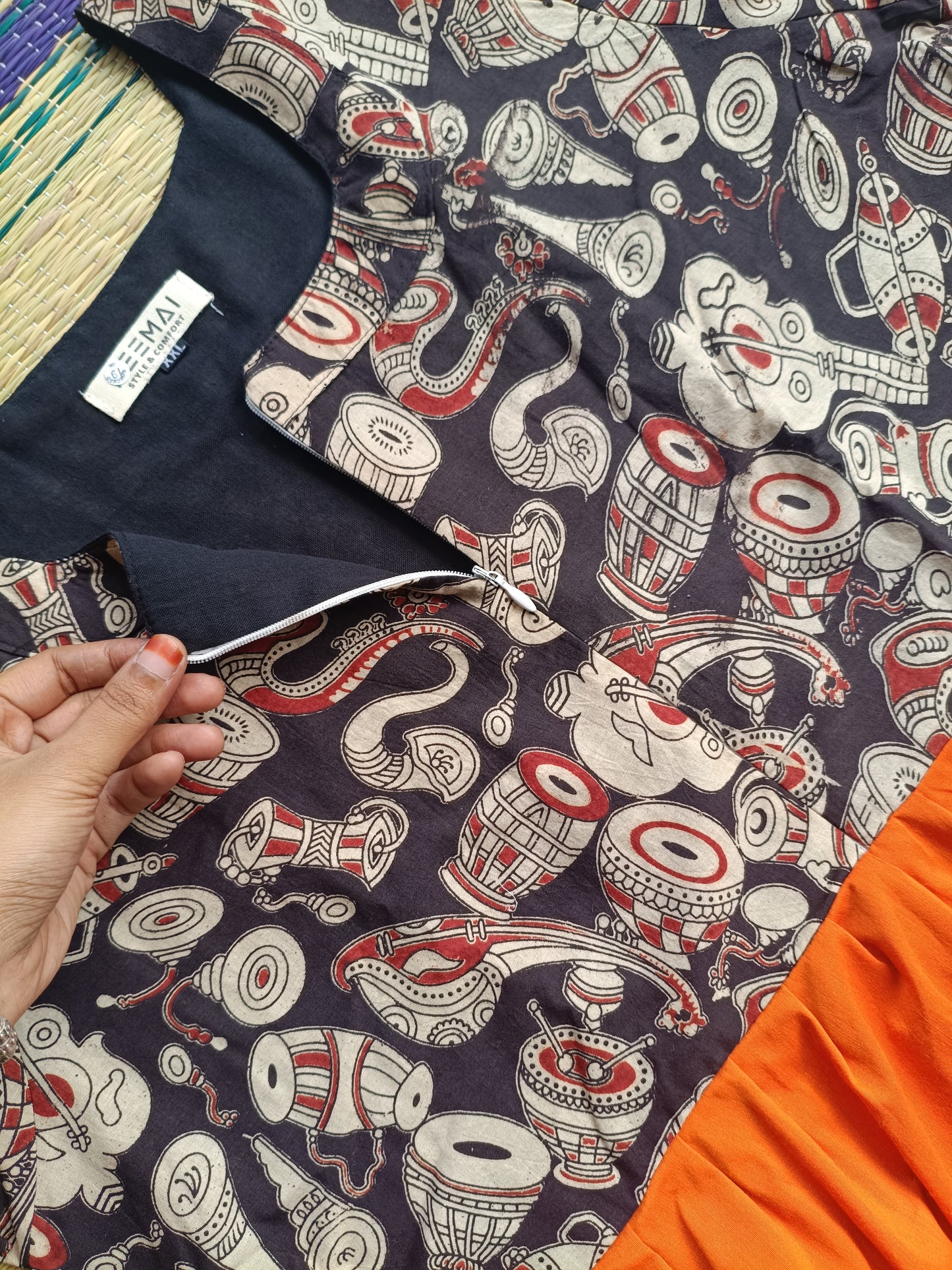 Cotton / Raw silk Maternity Maxi/Gown in center zip - Festival Collection- Full cotton lining - Drum with orange