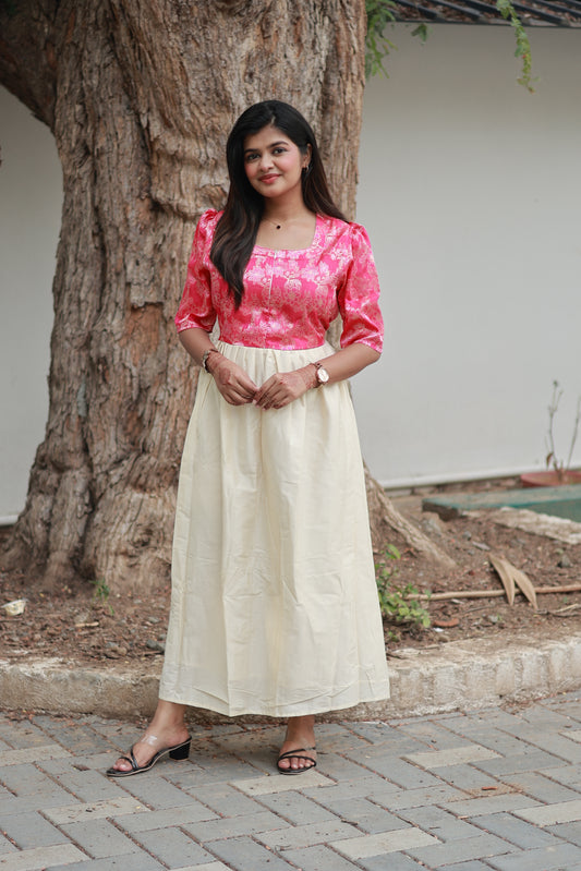 Raw silk Maternity Maxi/Gown in center zip - Festival Collection- Full cotton lining - Half white with pink