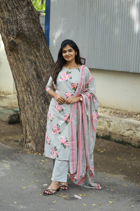 Cotton /Maternity 3 pc chudidhar set [ A line Top with double side zip, pant and dupatta] -Grey  with pink flower ( No side open top)
