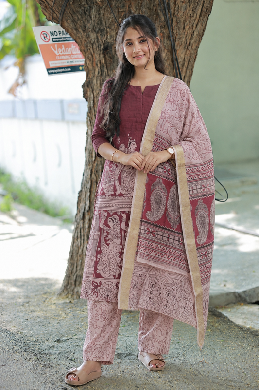 Block printed kalamkari cotton  3 pc chudidhar set [ Top with center zip, pant and dupatta] - Brown  Kalamkari