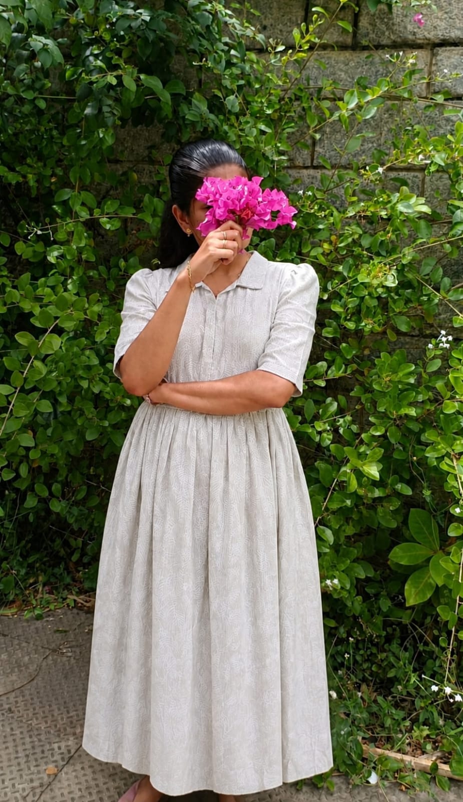 Crinkle viscose fabric - Feeding/ Maternity Maxi/Gown - Cotton lining /Center zip -Collar white