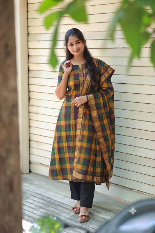 Cotton Maternity 2 pc chudidhar set [ Top with center zip, and dupatta] - Madras checks -A line Top - No side open