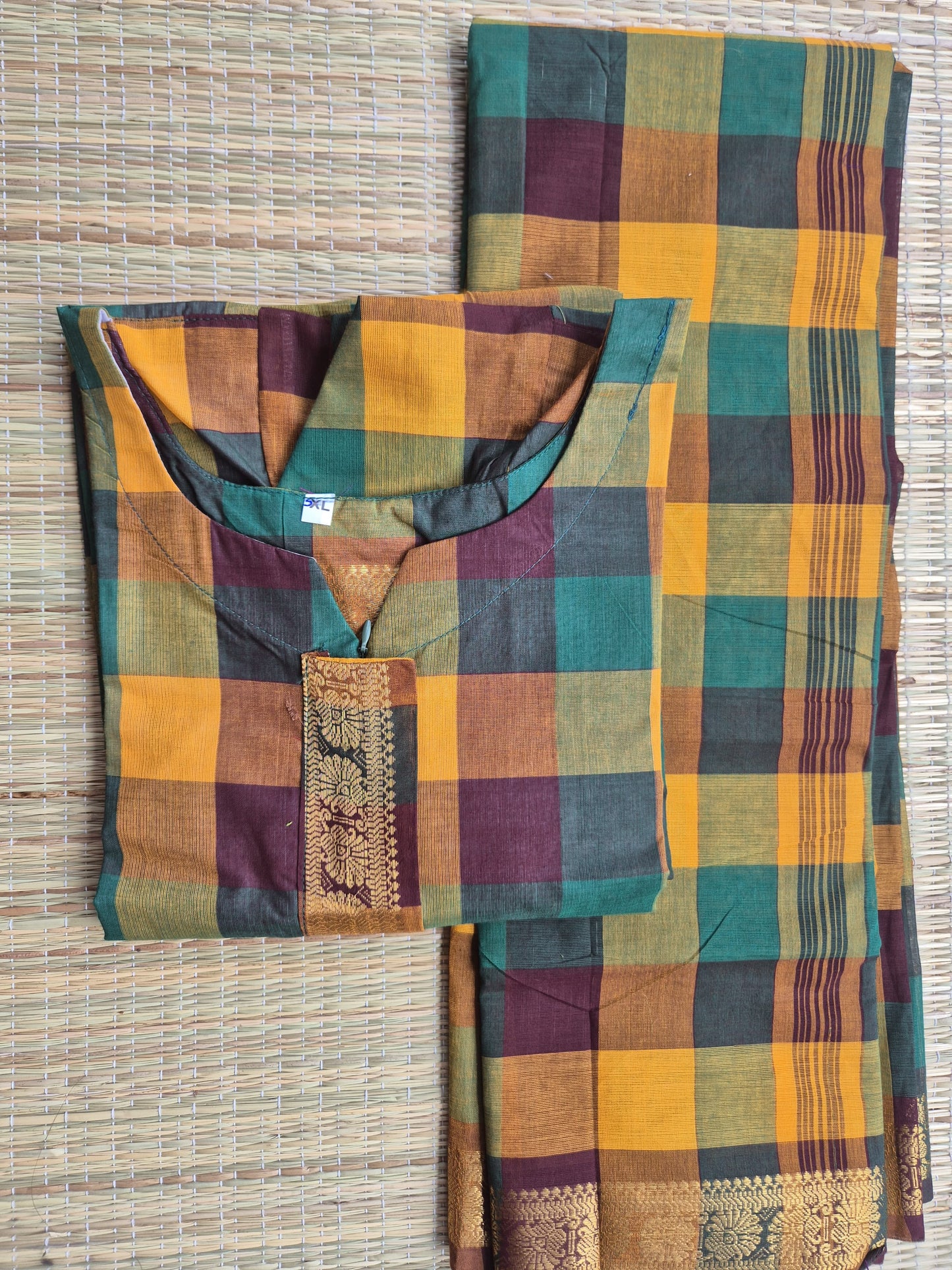 Cotton Maternity 2 pc chudidhar set [ Top with center zip, and dupatta] - Madras checks -A line Top - No side open