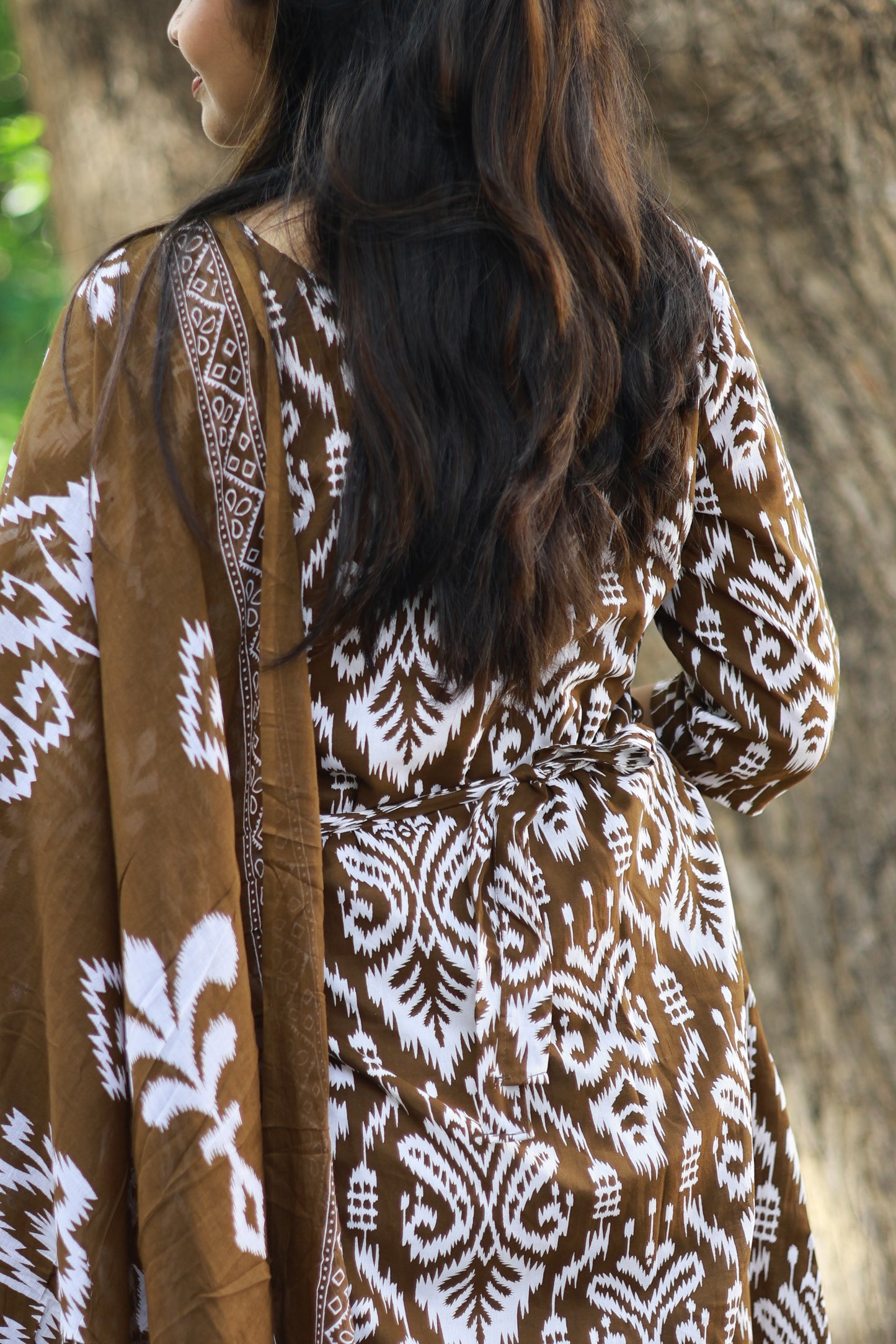 Cotton /Maternity 3 pc chudidhar set [ A line Top with double side zip, pant and dupatta] - Coffee brown with white ( No side open top)