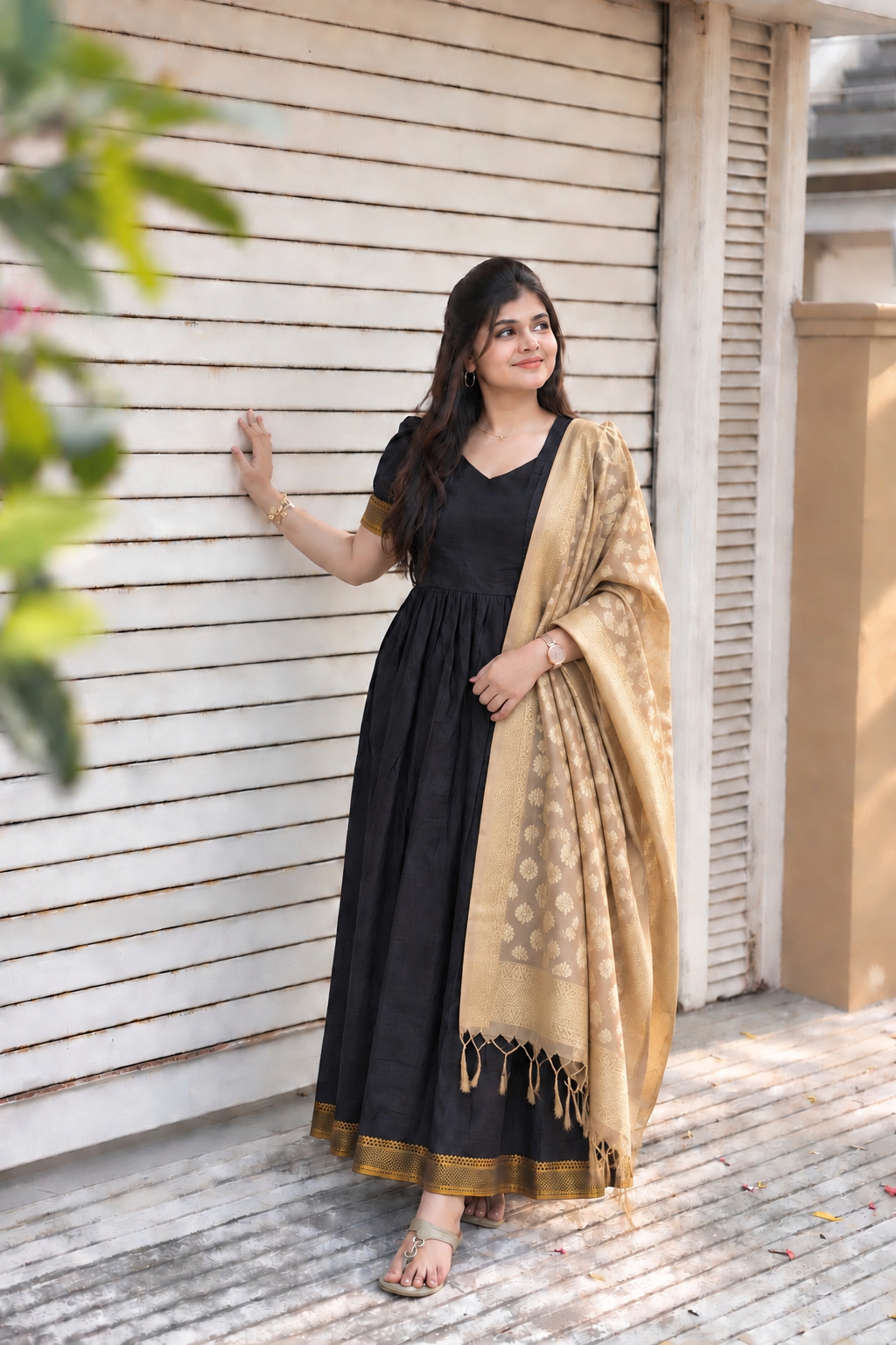 Chettinad Cotton -2 pc set -Maternity Maxi/Gown - Festival Collection -Full cotton lining- Double side zip with dupatta- Black and sandal