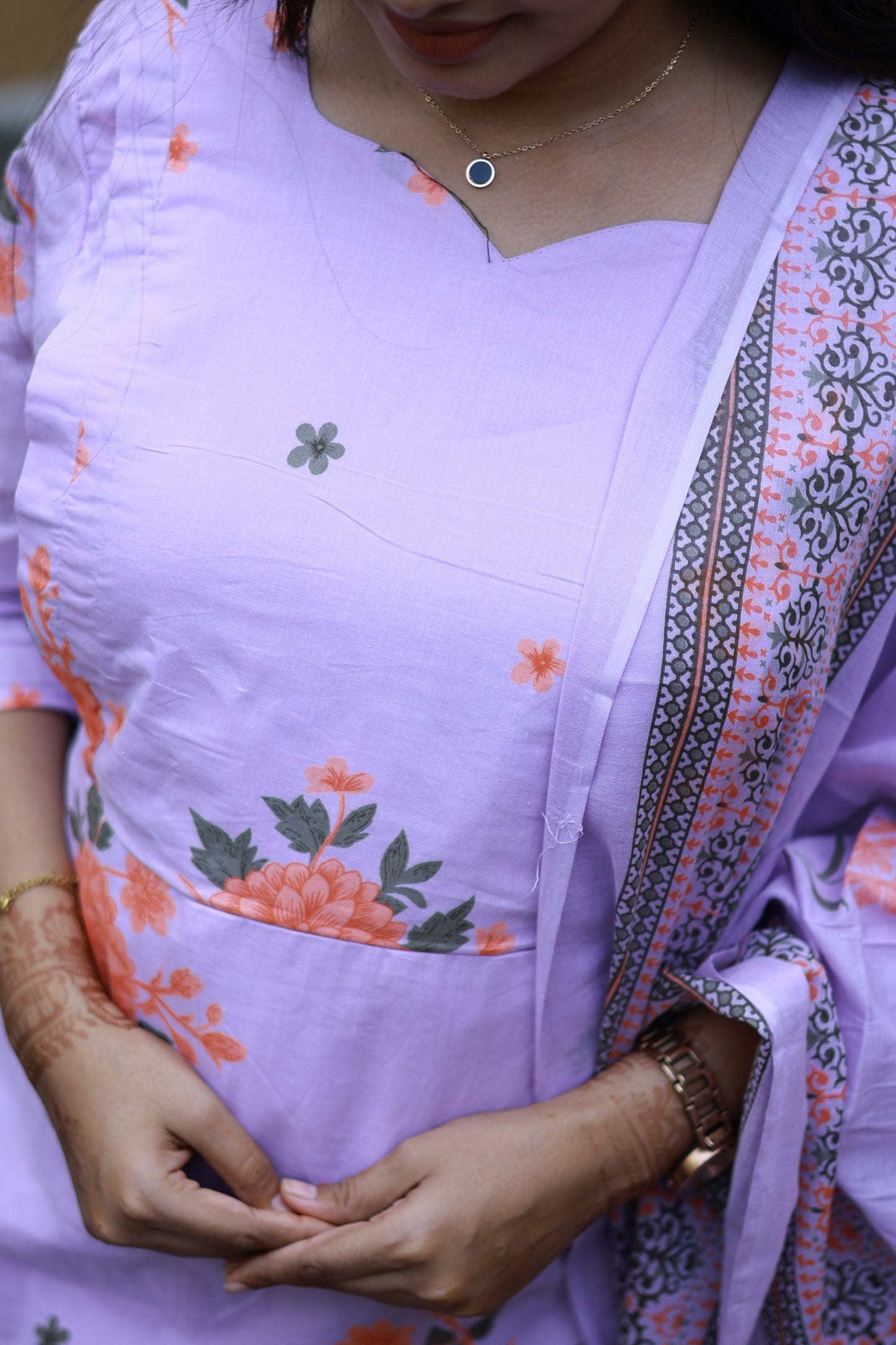 Cotton /Maternity 3 pc chudidhar set [ A line Top with double side zip, pant and dupatta] -Lavender  with orange flower ( No side open top)