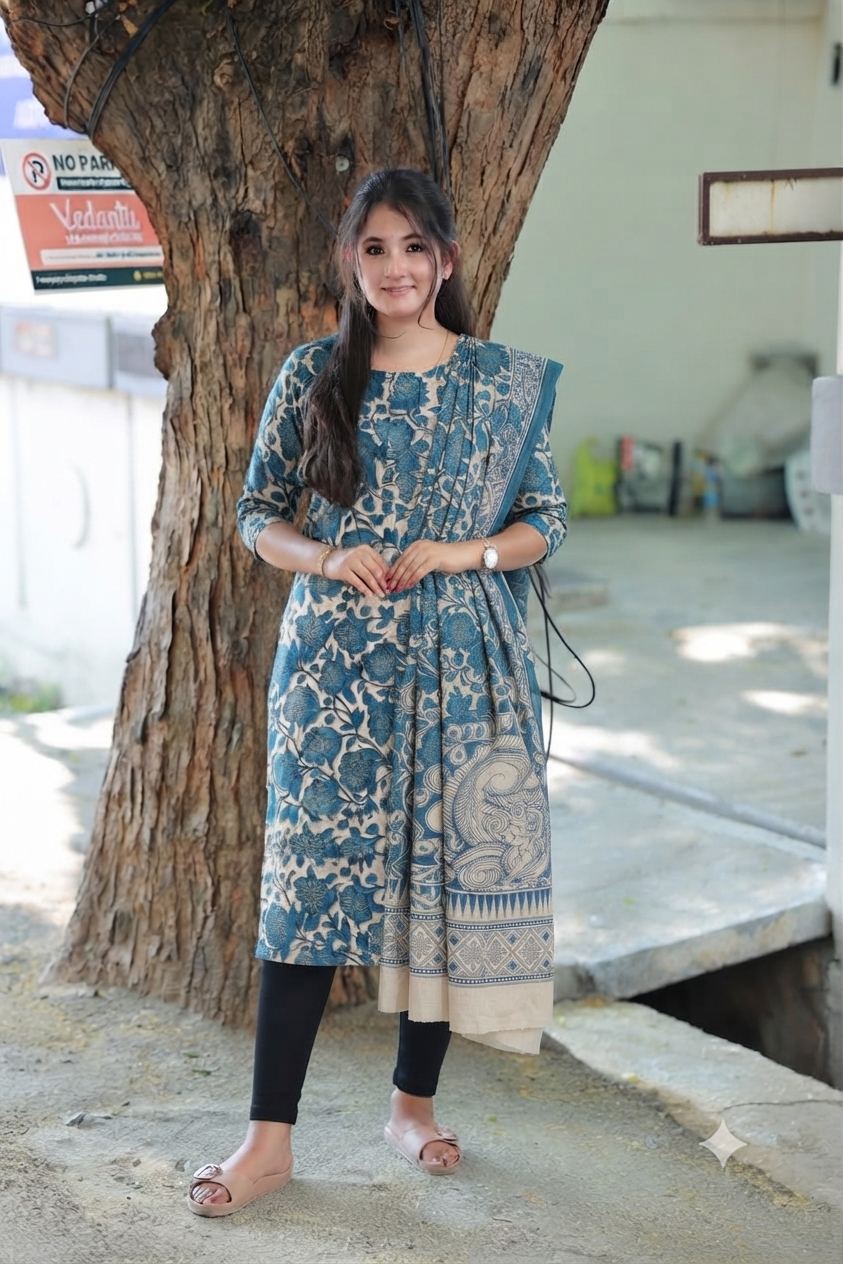 Block printed kalamkari cotton Maternity 2 pc chudidhar set [ Top with double side zip, and dupatta - Ramar green flower