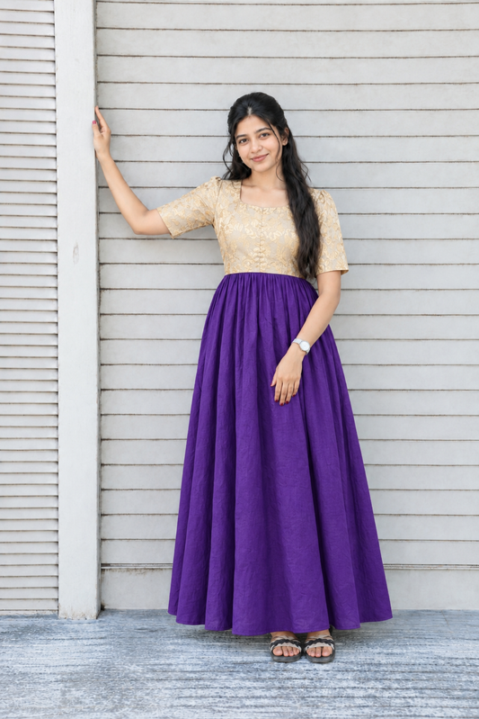 Raw silk Maternity Maxi/Gown in center zip - Festival Collection- Full cotton lining -Gold with purple