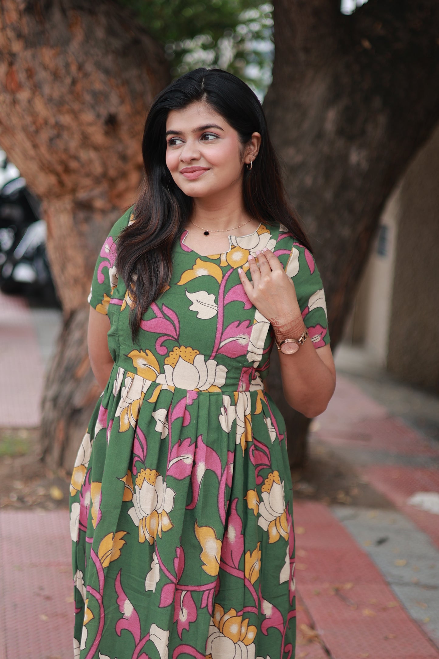 Kalamkari cotton- Feeding/ Maternity Maxi/Gown - Cotton lining  / Double side zip-Green flower