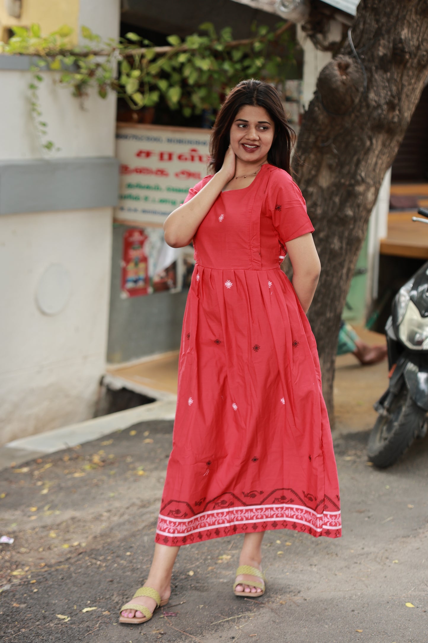 Handloom Jamdani - Maternity / Feeding - Maxi/Gown -Full Cotton Lining - Double side Zips - Tomato Red