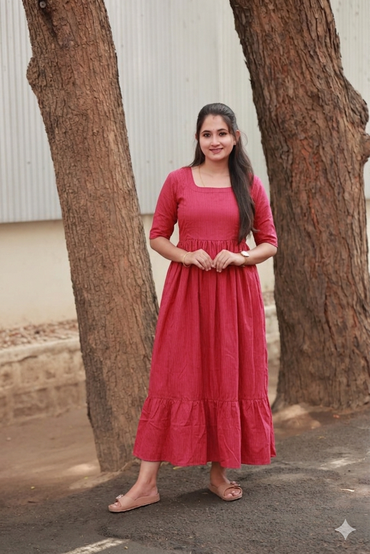 Cotton - Feeding/ Maternity Maxi/Gown - Cotton lining /Double side zip - Pink Stripe