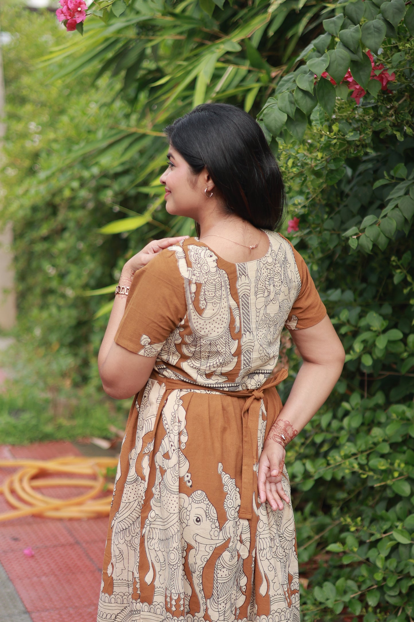 Kalamkari cotton- Feeding/ Maternity Maxi/Gown - Cotton lining  / Double side zip- Brown with sandal
