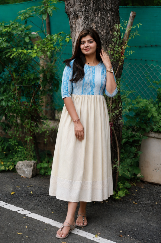 Cotton Maternity Midi/Gown / frock - Full cotton lining - White and blue