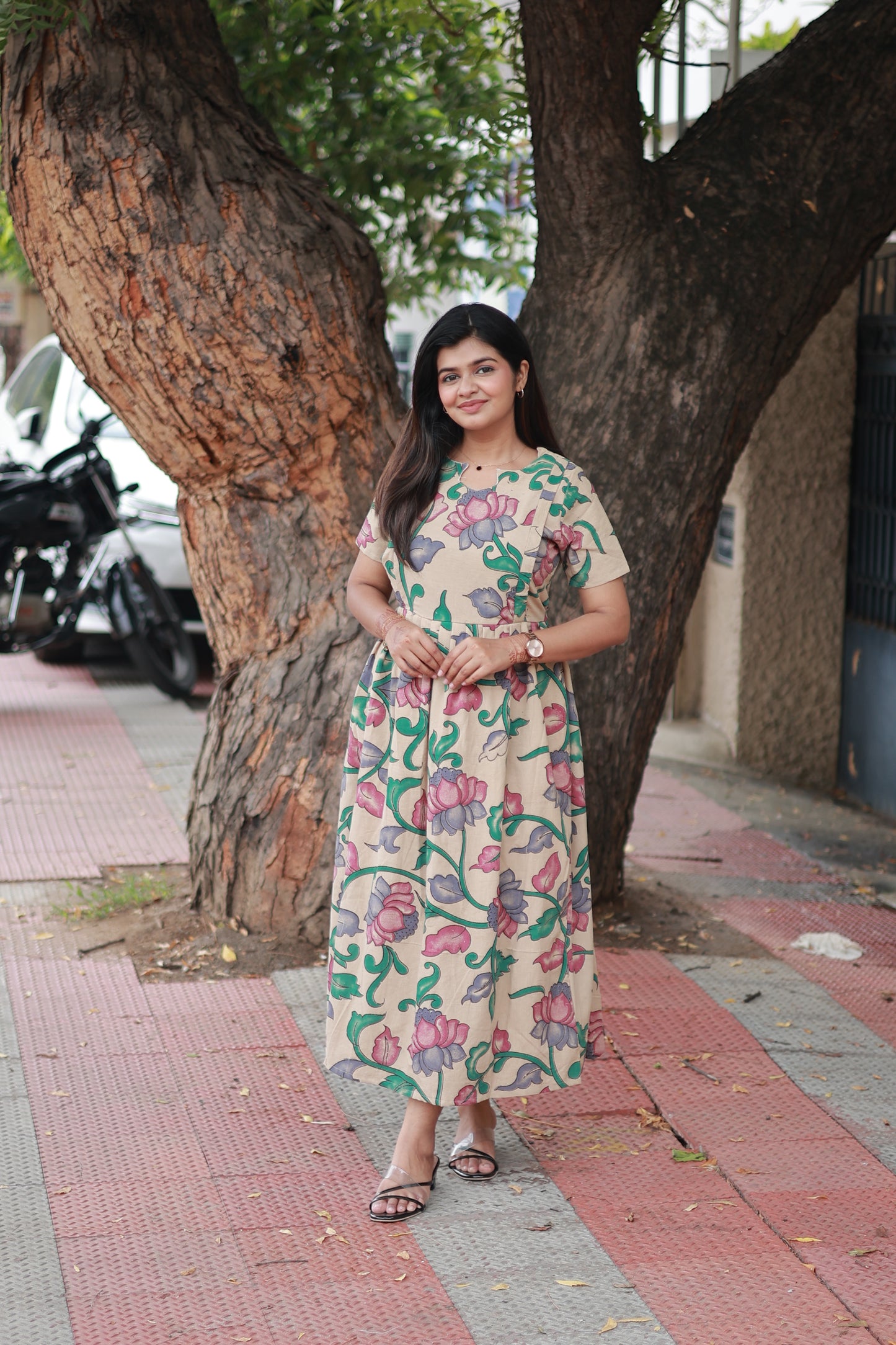 Kalamkari cotton- Feeding/ Maternity Maxi/Gown - Cotton lining  / Double side zip- pink lotus