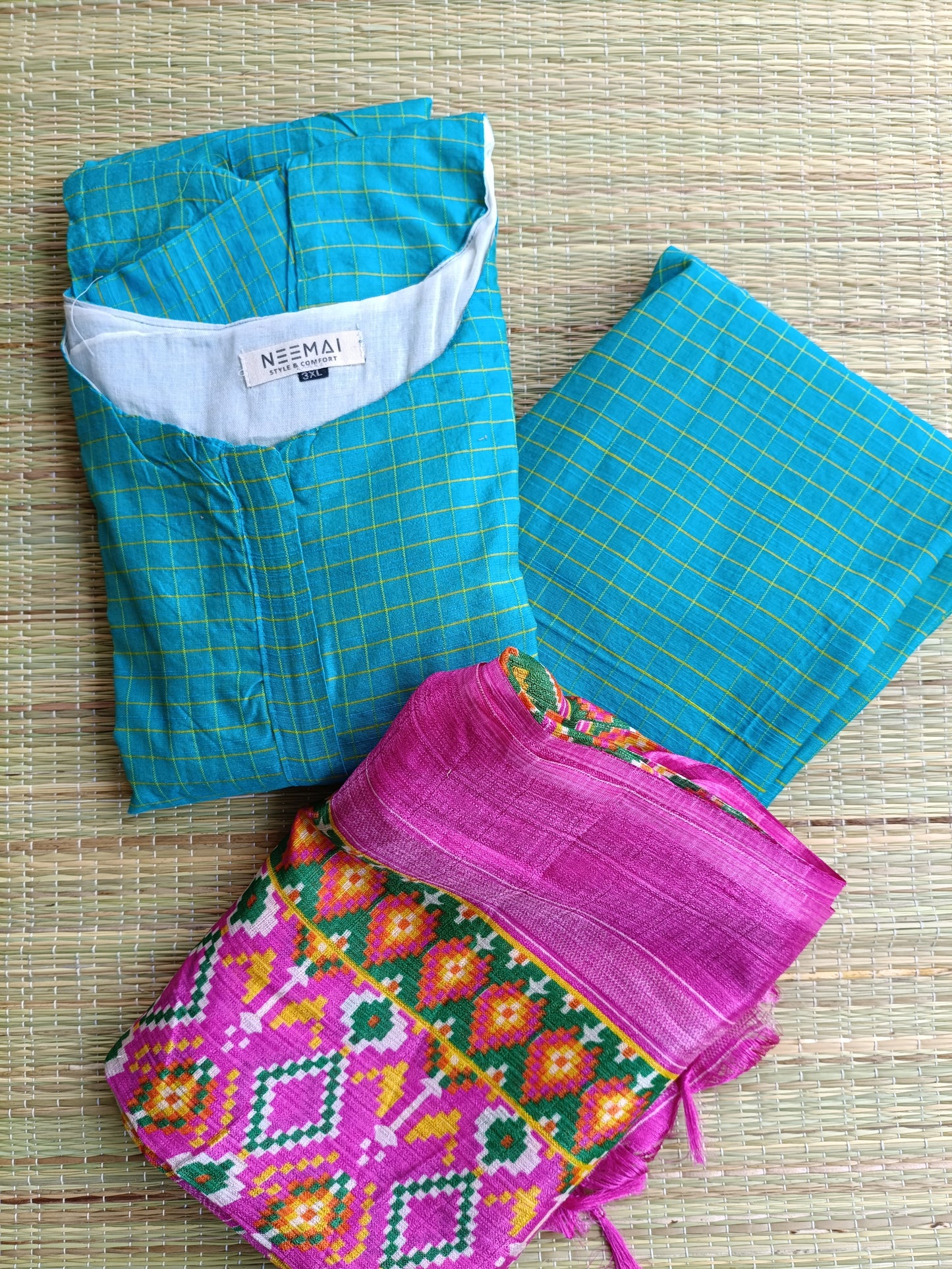Maternity 3 pc chudidhar set [ Top with center zip, pant and dupatta] - Blue checks