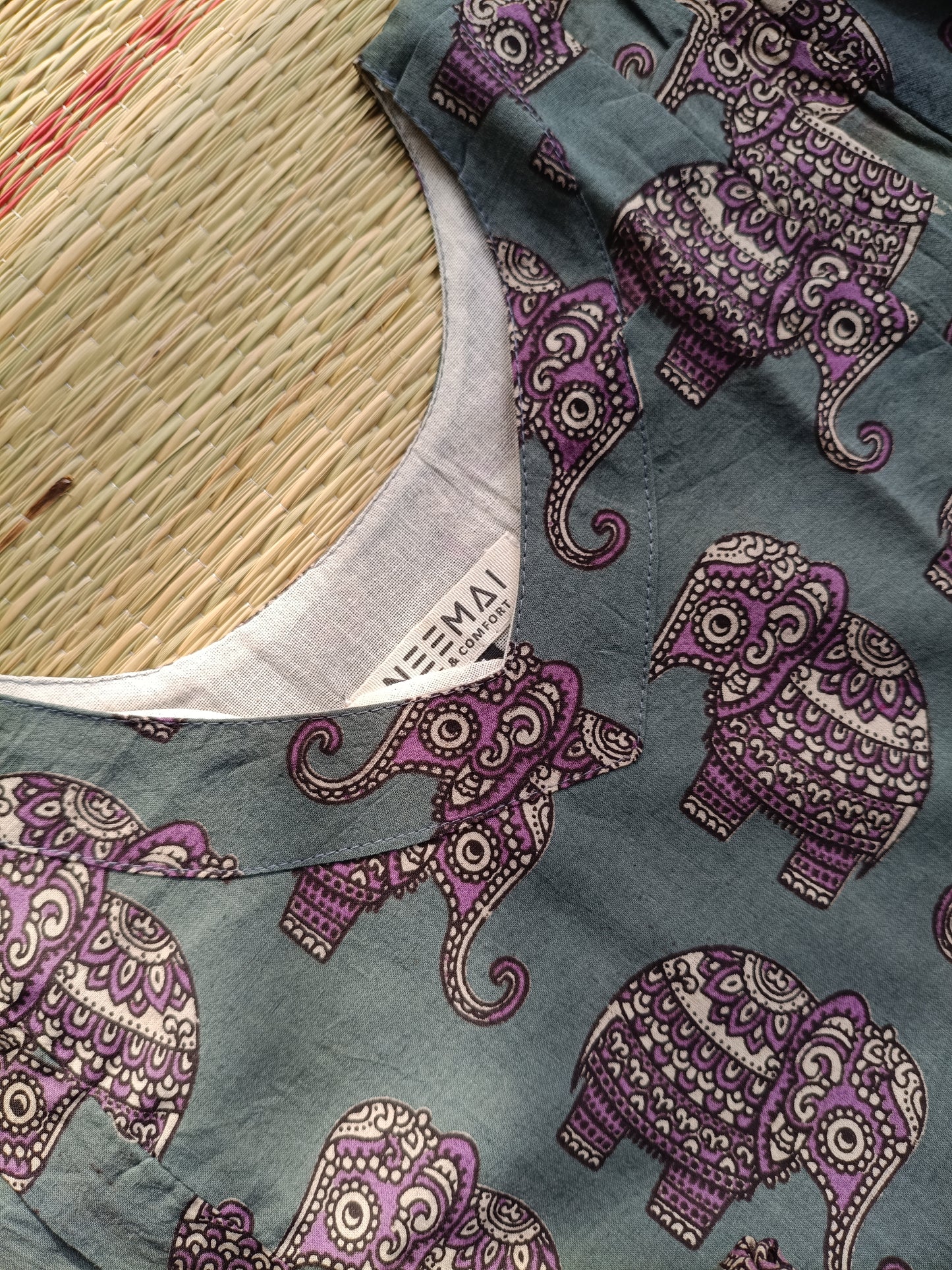 Block printed kalamkari cotton Maternity 2 pc chudidhar set [ Top with double side zip, and dupatta -  Ash and green elephant