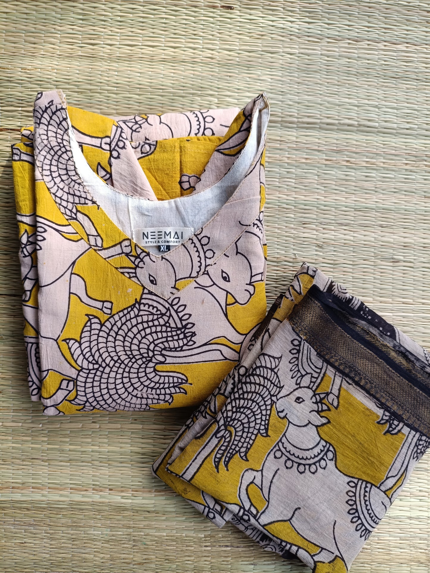 Block printed kalamkari cotton Maternity 2 pc chudidhar set [ Top with double side zip, and dupatta - Yellow pichwai