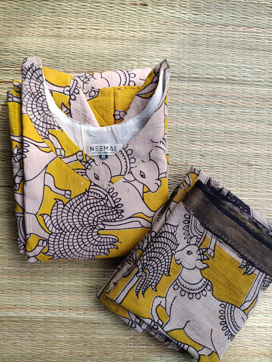 Block printed kalamkari cotton Maternity 2 pc chudidhar set [ Top with double side zip, and dupatta - Yellow pichwai