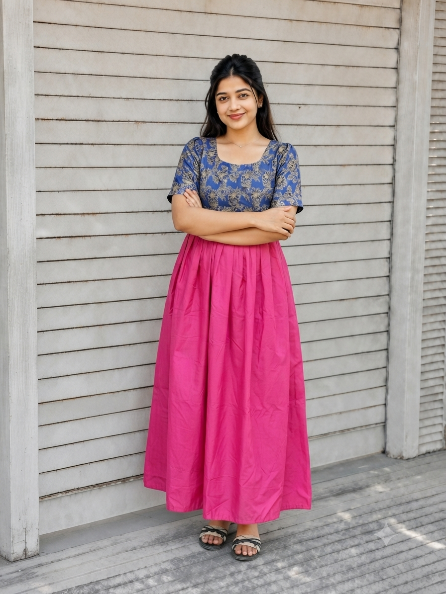 Raw silk Maternity Maxi/Gown in center zip - Festival Collection- Full cotton lining - Blue with pink