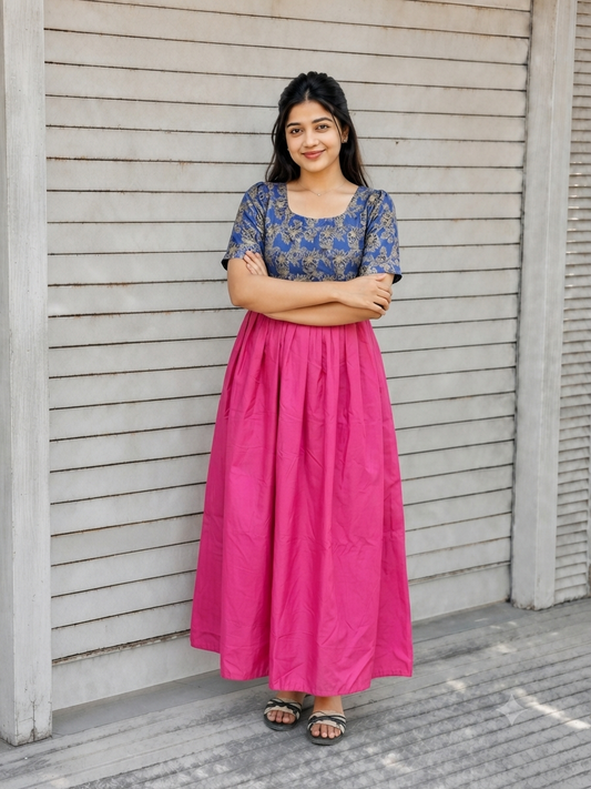 Raw silk Maternity Maxi/Gown in center zip - Festival Collection- Full cotton lining - Blue with pink