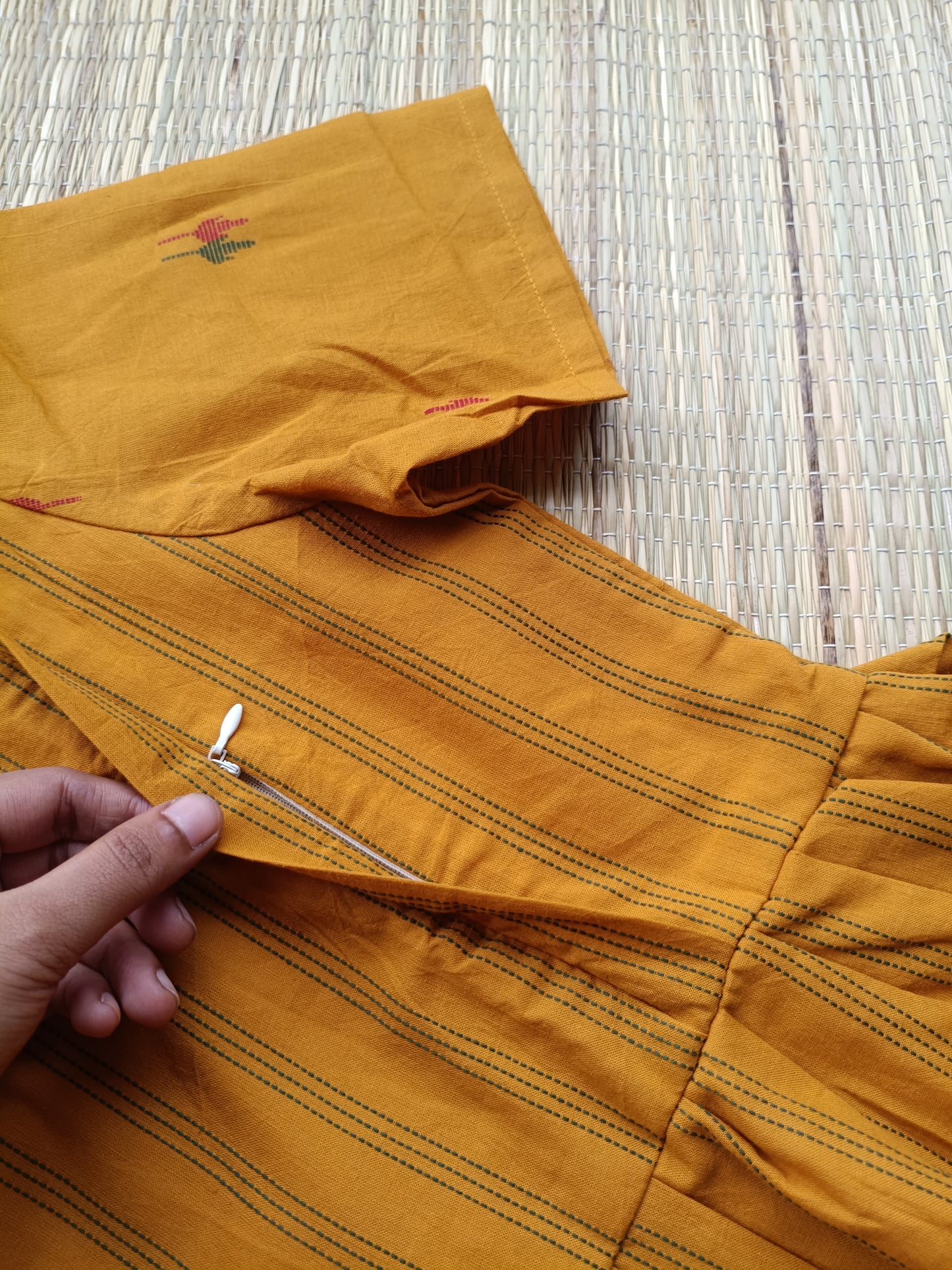 Handloom Cotton Maternity Feeding Gown/Maxi /Double Side Zip- yellow 3 green line