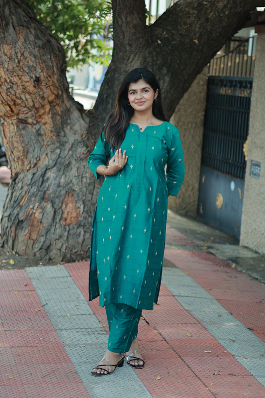 Raw silk Maternity 3 pc chudidhar set [ Top with center side zip,  Pant and dupatta - Peacock green ( Side open top)