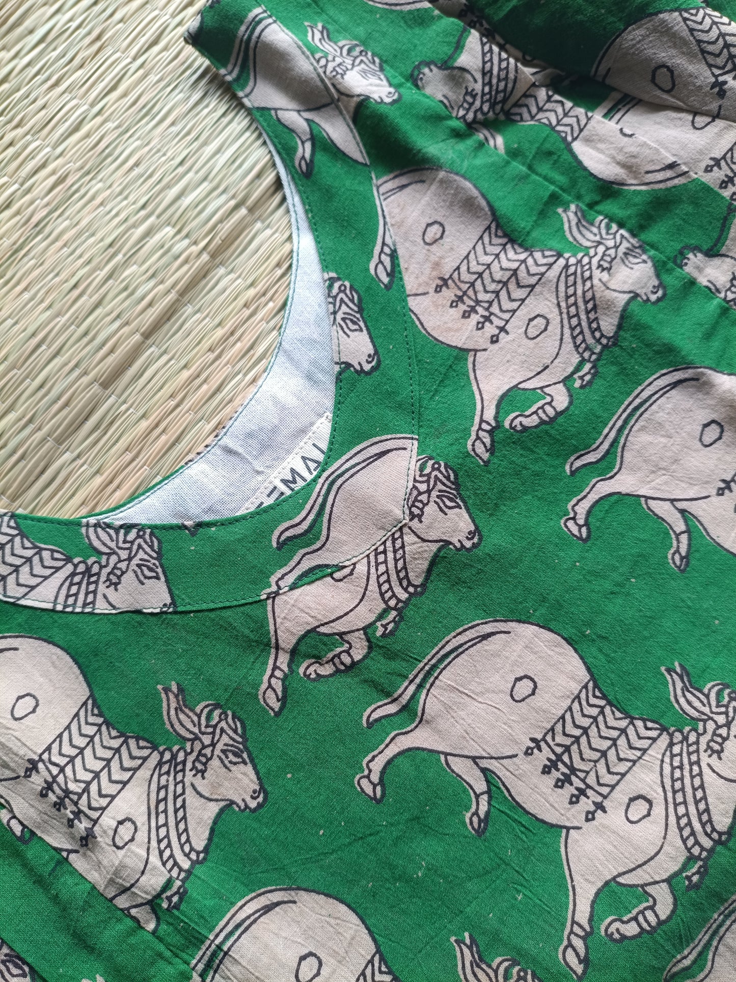 Block printed kalamkari cotton Maternity 2 pc chudidhar set [ Top with double side zip, and dupatta -  Green pichwai