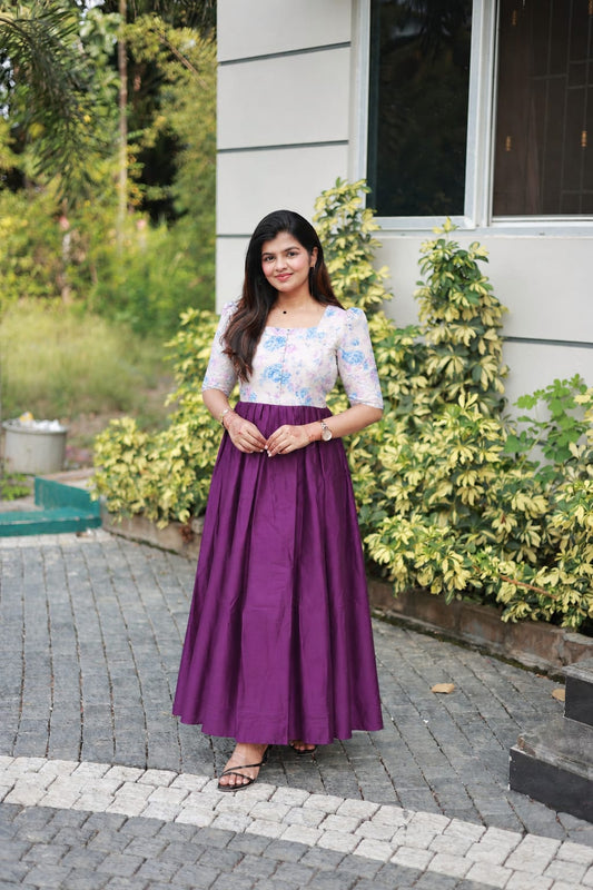 Raw silk Maternity Maxi/Gown in center zip - Festival Collection- Full cotton lining - Violet with white flower