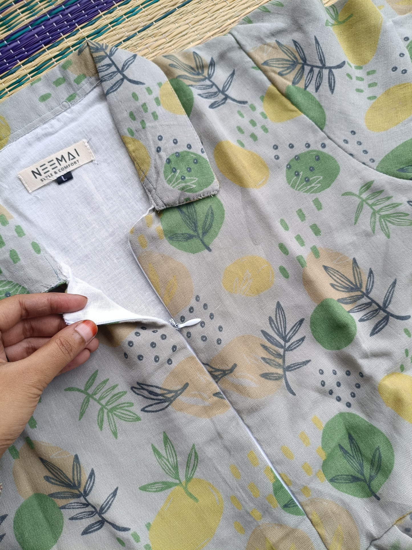 Premium Muslin - Feeding/ Maternity Maxi/Gown - Cotton lining with Center zip -Collar Green leaf